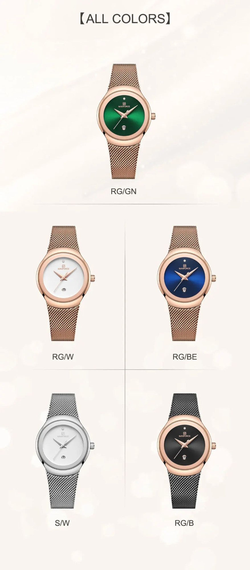 NAVIFORCE Luxury Green Analog Date Quartz Fashion Ladies Watches Mesh Steel Strap Waterproof Business Women Wristwatch Clocks