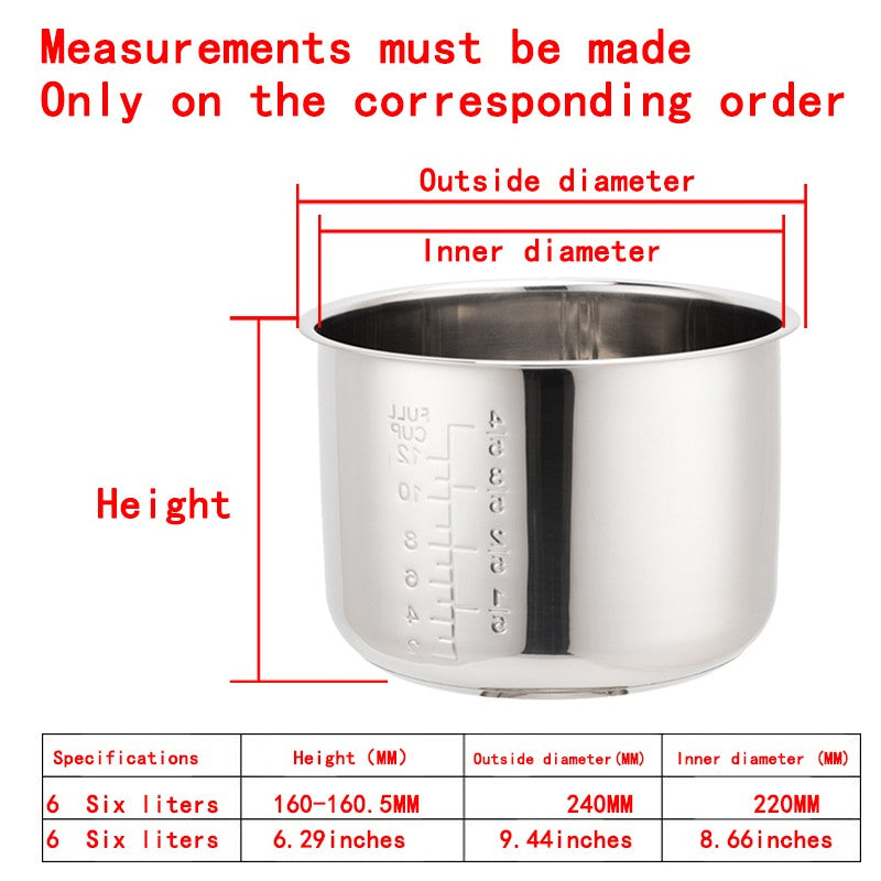 6 Liters160 Electric Pressure Cooker Liner Stainless Steel 304 Food Grade Multi-Bowl Soup Porridge Pot Bile Cooker Accessories