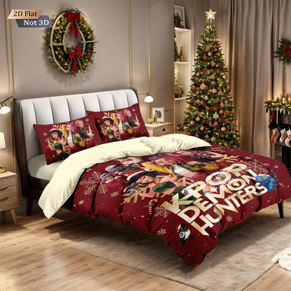 3pcs Christmas K-Pop Demon Hunters Print Coreless Bedding Set Multi Size Bedroom Bedding Decoration Machine Washable