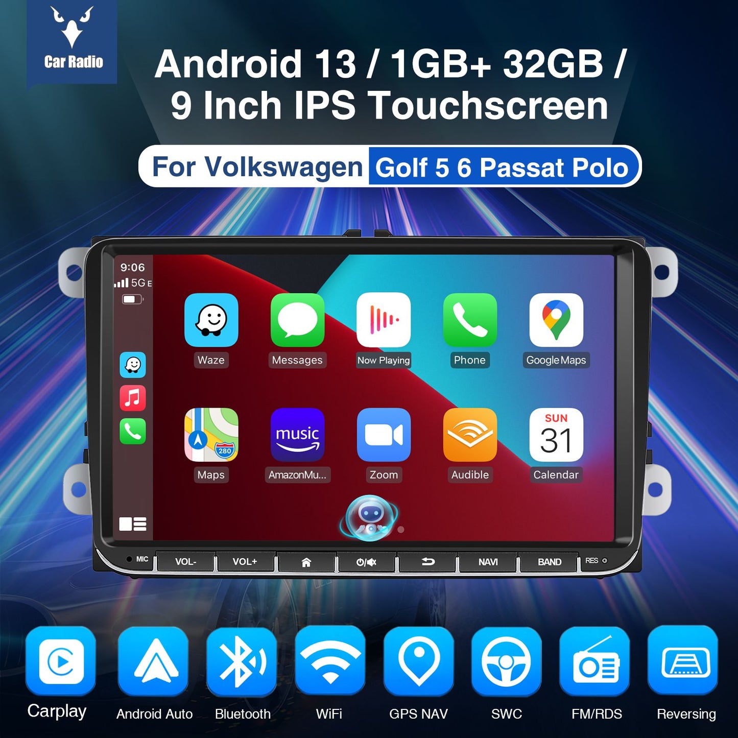 Rádio automotivo ESSGOO 9" Carplay para Volkswagen Golf 5 6 Passat Polo Jetta, Android Auto, multimídia, sistemas inteligentes para carros