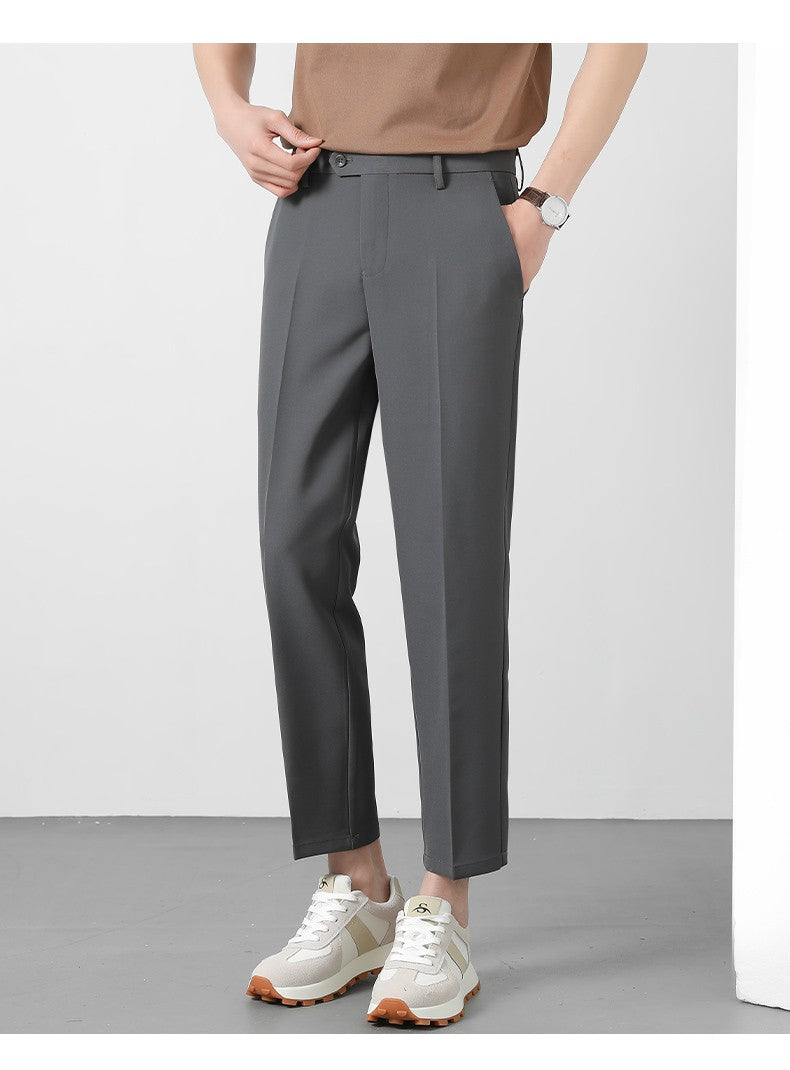 Spring Summer Suit Pants Men Business Smooth Slim Business Office Social Elastic Waist Ankle Length Formal Korean Trousers Male