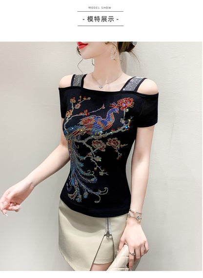 Summer New Fashion Cartoon T-shirt Chic Hollow Out Hot Diamonds Tees Sexy Off Shoulder Short Sleeve Women's Tops Blouse