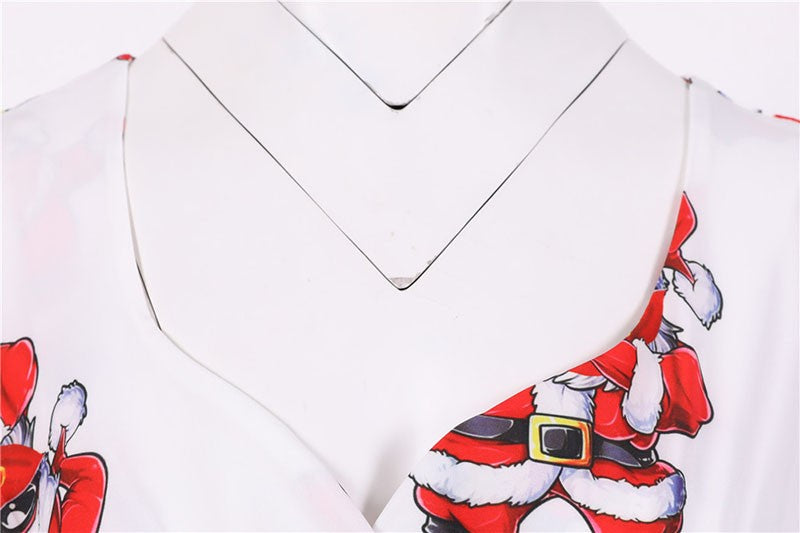 Fashion V-neck Short Sleeve Printed Christmas Dress Large Swing Vintage Elegant Xmas Party Dress