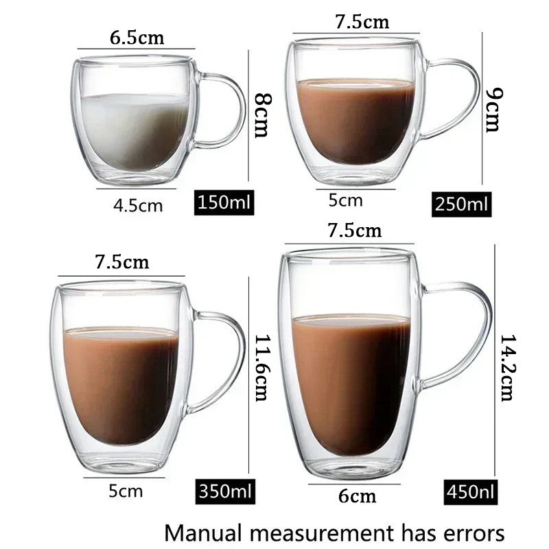 Caneca transparente de parede dupla 2-6 peças Copo de café e leite de vidro borossilicato alto resistente ao calor para casa e escritório