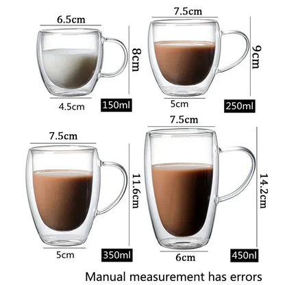 Caneca transparente de parede dupla 2-6 peças Copo de café e leite de vidro borossilicato alto resistente ao calor para casa e escritório