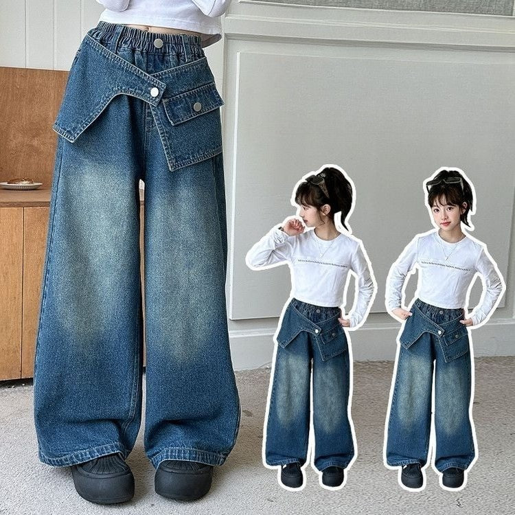 2025 Autumn Trendy Korean Style Flared Jeans for Girls - Medium & Large Kids, Ruffled Long Pants for Junior High Students