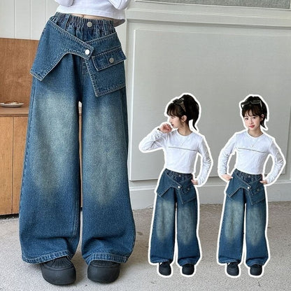 2025 Autumn Trendy Korean Style Flared Jeans for Girls - Medium & Large Kids, Ruffled Long Pants for Junior High Students