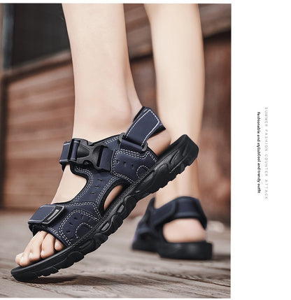 Summer Men Sandals PU Leather Lightweight Open Toe Flat Mens Casual Shoes Outdoor Walking Sandals for Men Beach Shoes Size 39-46