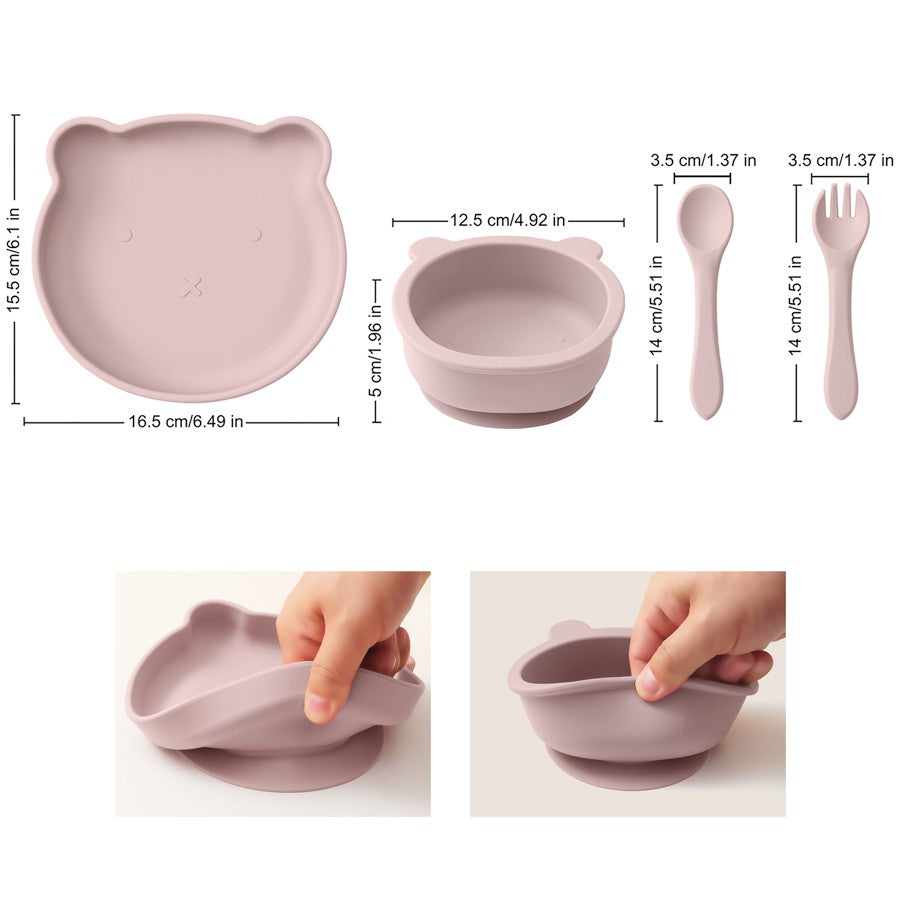 Color Kids 4PCS Silicone Feeding Tableware Set Baby Newborn Items Sucker Dishes Spoon Fork Bowls Food Training Essentials