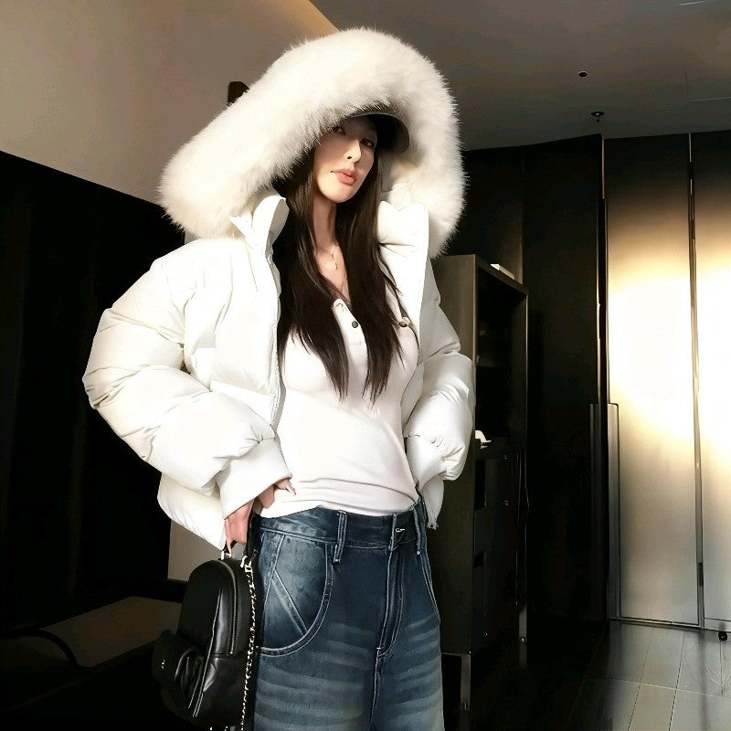 Winter Street Fashion Fur Collar White Zipper Hooded Short Jacket Women Casual Thicken Warm Coat Y2k Harajuku Sweet Outwear New