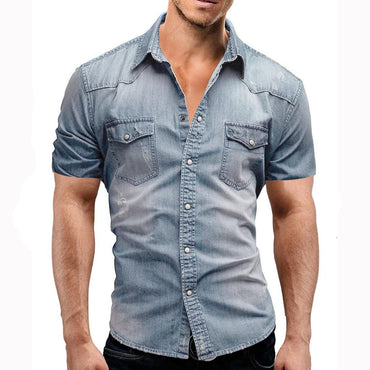 2025 Men Summer Denim Thin Shirt Short Sleeve Soft Cotton Two Pockets Slim Slight Elastic Jeans Cowboy Shirt Clothing