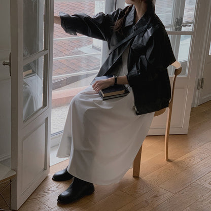 Sli Loose PU Leather Jaet Women's Chic Retro Collar Versatile BF Sle Motorcycle Clothes Trendy Long Sve Zipper