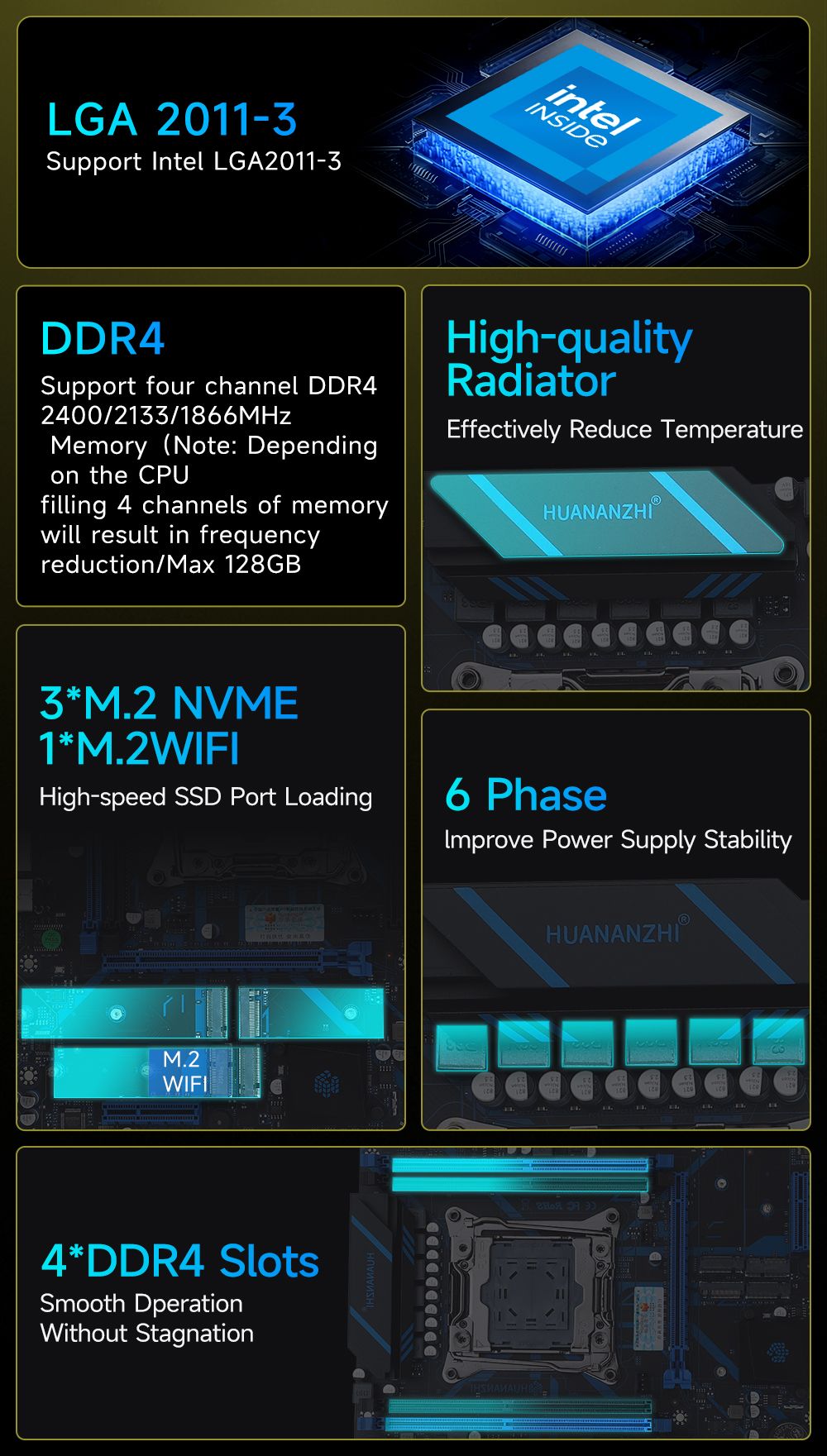 HUANANZHI QD4 LGA 2011-3 Motherboard support XEON E5 2620 2640 2660 2666 2667 2670 2680 2696 V3 V4 DDR3 RECC NON-ECC RAM NVMe