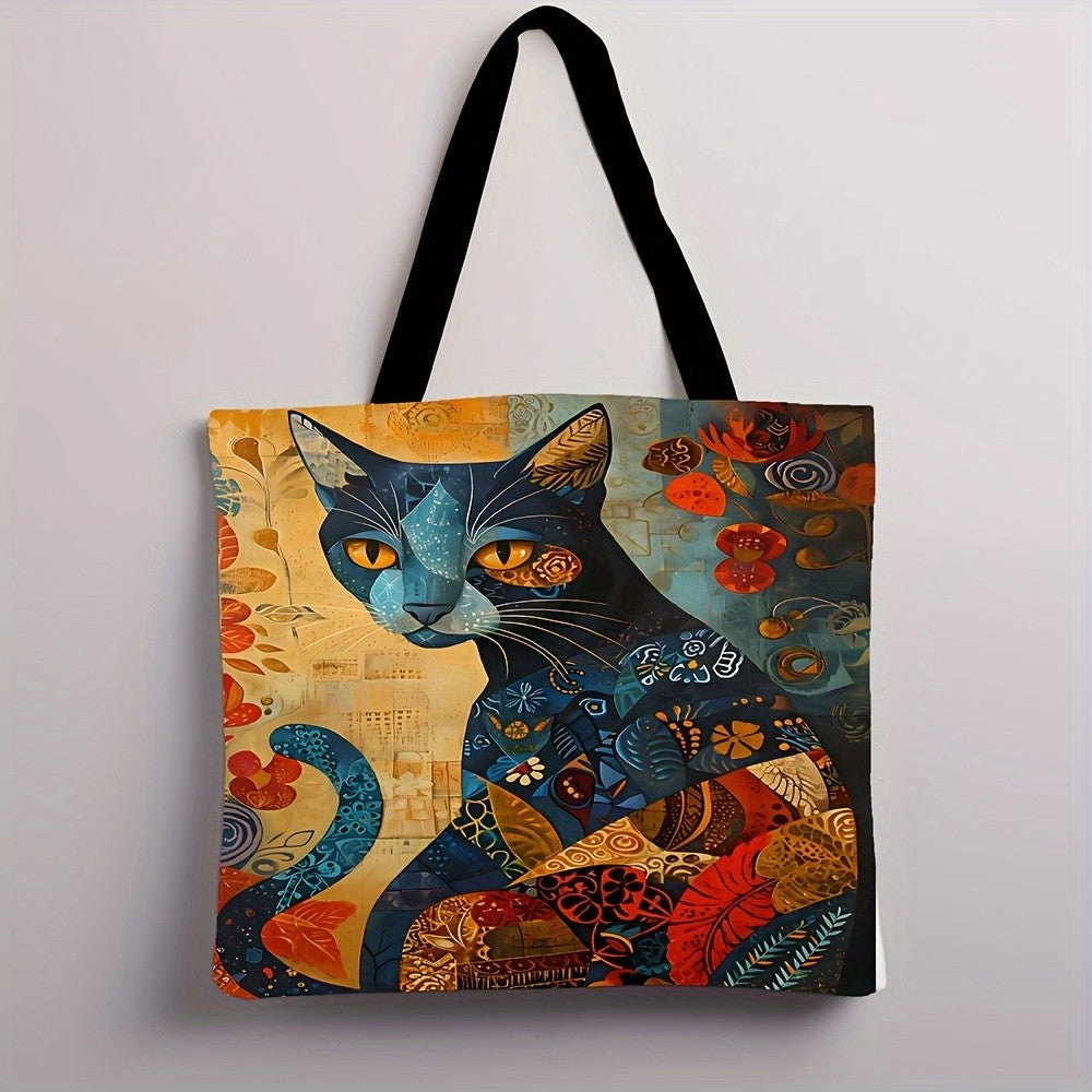 1pc Abstract Cat Tote Bag Cute Quirky Small Animal Shoulder Bag Printed Linen Eco Handbag Shopping Office Reusable Casual Bags