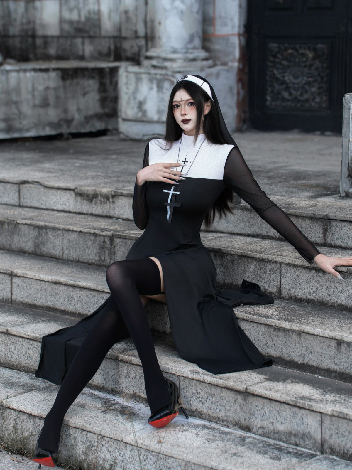 Sexy Nun Cosplay Costume Gothic Black Split Long Dress with Head Veil Halloween Carnival Party Fancy Dress for Women Nun