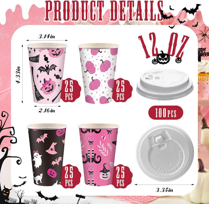 100 Copos de Café Descartáveis de Halloween com Tampas 12 oz Copos de Papel Rosa Fantasma Abóbora Bruxa Morcego Decoração Fofa de Halloween Rosa