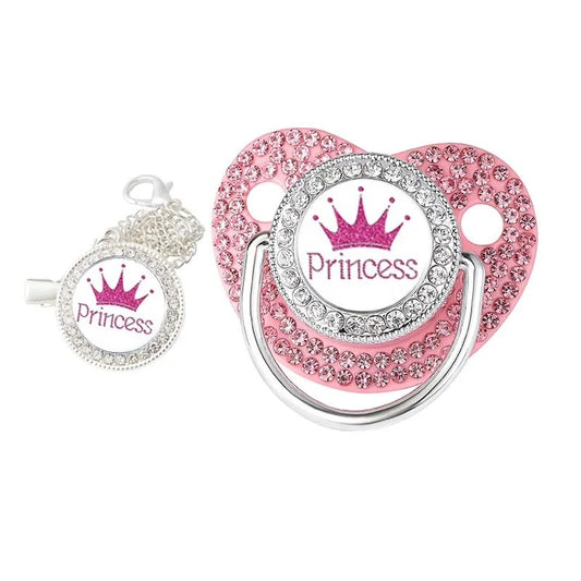 Luxury Rhinestones Baby Pacifier Chain Clips with Lid Princess Prince Crown Pacifiers Newborn Silicone Nipple Infant Shower Gift
