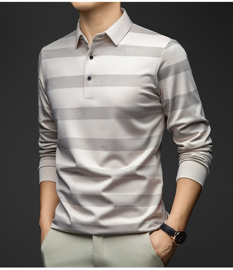 BROWON Elegant Mens Polo Shirts 2025 Spring Autumn Long Sleeve Lapel Collar Big Striped Pattern T-shirt Male New in Tops & Tees