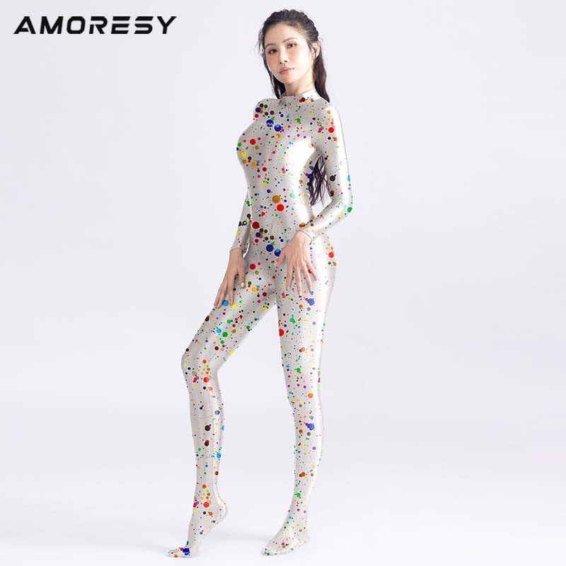 AMORESY Satin Glossy tights colourful Glossy bodysuit Silk Smooth Long sleeved zipper full body suit