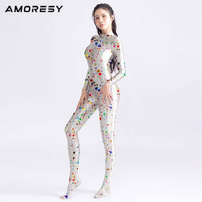 AMORESY Satin Glossy tights colourful Glossy bodysuit Silk Smooth Long sleeved zipper full body suit