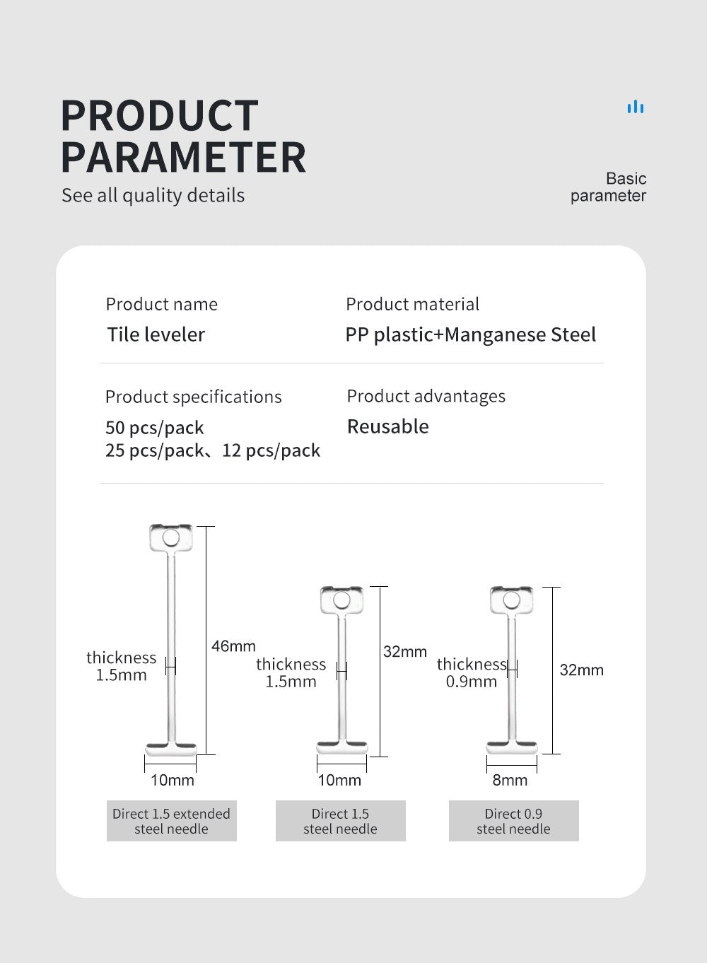 50 agulhas de aço de reposição para sistema de nivelamento de pisos e azulejos, pinos substituíveis, ferramentas de construção de ladrilhos