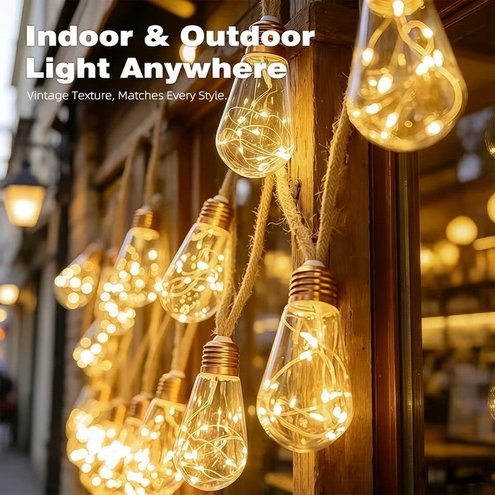 Solar String Lights Hemp Rope Edison Bulb Fairy Lights 4M/6M/8M Warm White for Garden Patio Pergola Wedding Christmas Decor