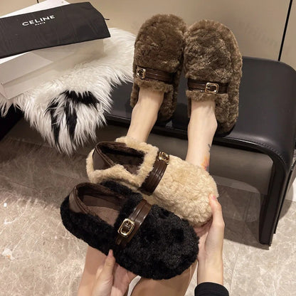 Women Warm Fur Flats Shoes 2025 Autumn Winter Vintage Fashion Shallow Mouth Buckle Ladies Comfort Loafers Shoes Zapatos Mujer