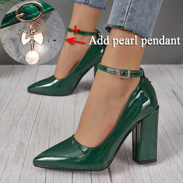 Black 10cm Super High Heel Pumps Women Shoes Pointed Toe Fashion Crystals Pearl Pendant Pimp Buckle Patent Leather Big Size 50