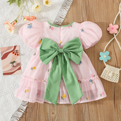 Summer Flower Embroidered Chiffon Dress for Baby Girl Birthday Dress High Quality Kids Clothes Send Big Bow