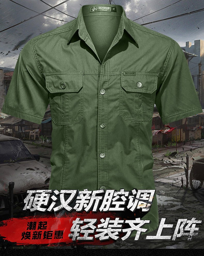 Men's Streetwear Casual Button Down Military Cargo Shirt Short Sleeve Cotton Dress Shirts For Hiking Fishing Golf Polos Shirts