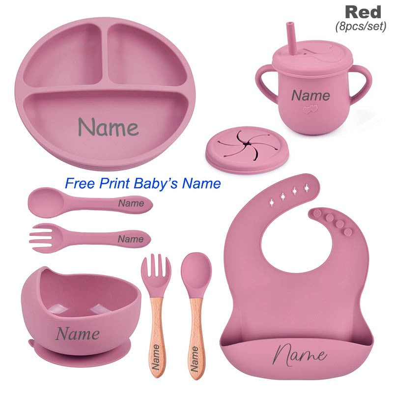 8Pcs Silicone Tableware Set Personalized Name Logo Baby Feeding Set Spoon Fork Suction Cup Bowl Silicone Dinner Plate For Kids