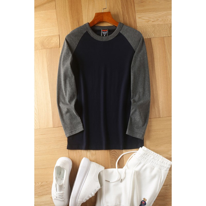 Summer New American Retro Raglan Long-sleeved O-neck Montage T-shirt Men's Fashion Simple 100%Cotton Washed Casual Sport Tops