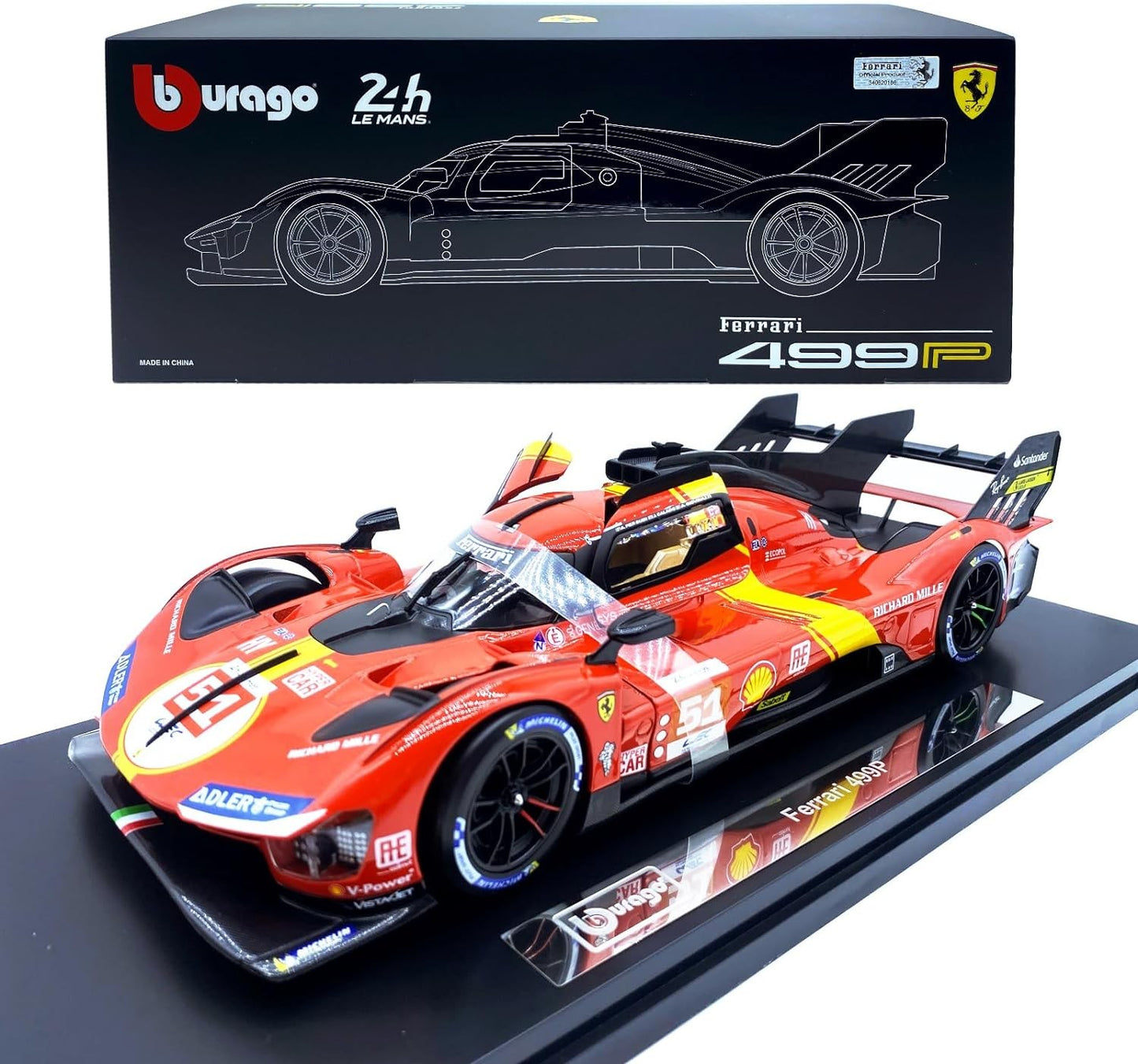 Bburago 1:18 2024 Wec QatarFerrari 499p 24h Lemans Modificata 24 Racing No83 Miniature Diecast Model Toys Acrylic Box Black #51