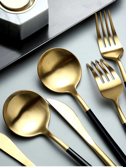 Conjunto de Talheres 24 Peças Aço Inoxidável Preto Dourado Faca Garfo Colher Talheres Ocidentais Prata Utensílios de Mesa