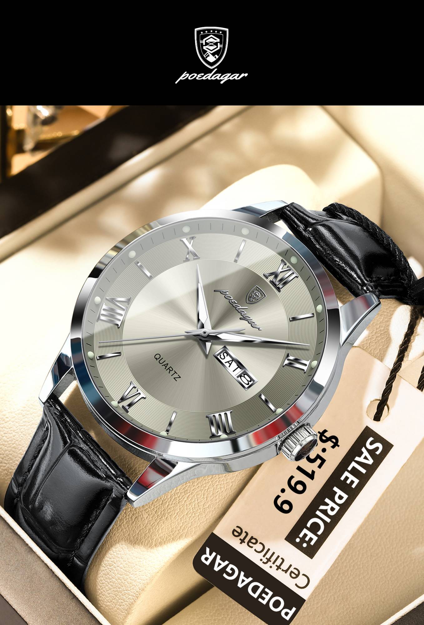 POEDAGAR Top Luxury Watch For Men Military Waterproof Luminous Date Week Man Wristwatch Leather Men's Quartz Watches Sport Reloj
