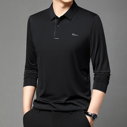 New Men's Business Casual Long Sleeved Shirt with Badge Solid Color Polo Shirt Fashionable Breathable Comfortable Versatile Top