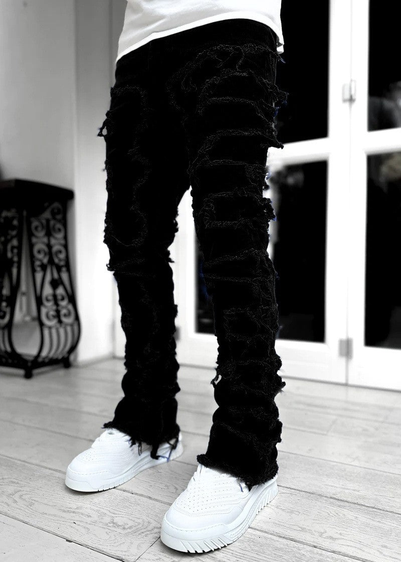 Calça Jeans Masculina Regular Fit Stacked Rasgada Slim Fit Remendada Destruída Reta Jeans Hip Hop Streetwear