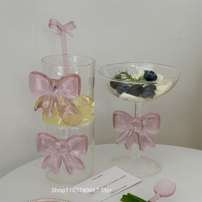 Taça Decorativa de Vidro com Laço Grande Rosa Copo de Vidro Taça de Vinho com Alça de Laço Copos Resistentes ao Calor Tigela de Sobremesa e Sorvete de Alto Borossilicato