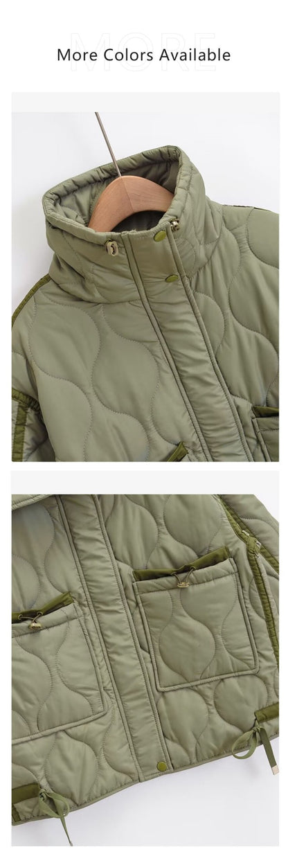 2024 autumn new women's fashion pocket decoration loose long sleeved stand collar diamond grid cotton jacket short jacket