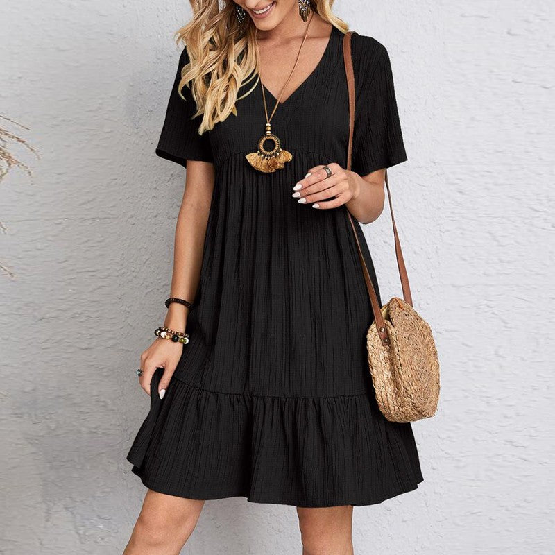 Vintage Solid Elegant Women Dress 2023 Summer Fashion Casual V-Neck High Waist A-Line Mini Dresses Lady Short Sleeve Party Dress