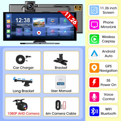 Develuck NEW 11.26 inch 4K DVR Wireless CarPlay and Android Auto Portable Dash Cam Car Screen Video Recorder 5G WIFI Navigation