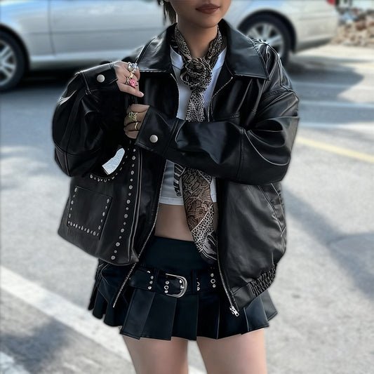 Autumn Women's Faux Leather Jackets 2025 Fall Long Sleeve Bomber Jacket Lapel Zip Up Motorcycle Coats Winter Clothing