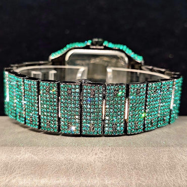 Green Diamond Watch For Men Brand UNIGUET Fashion Roman Literal Quartz Clock Man Hip Hop Iced Jewelry Square Wristwatch 2025 New