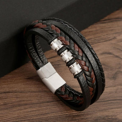 Pulseira de Couro Masculina Punk com Fecho Magnético de Aço Inoxidável Trançado em Camadas Envoltório de Couro Pulseiras Presente Joias Masculinas