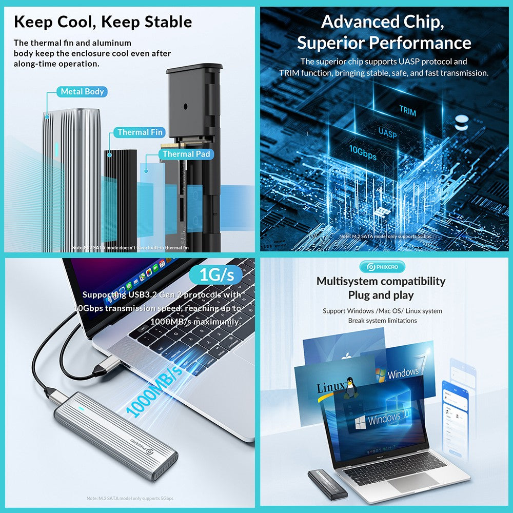 PHIXERO M.2 NVMe SATA SSD Enclosure Duplo Protocolo NVMe para Adaptador USB 10Gbps USB 3.1 Gen2 USB C Case Externo Liga de Alumínio