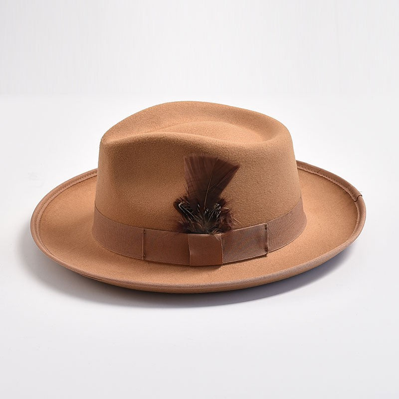 Handmade Feathers Felt Fedora Hat Vintage Men Panama Trilby Hats Curved Brim Gentleman Party Dress Cap