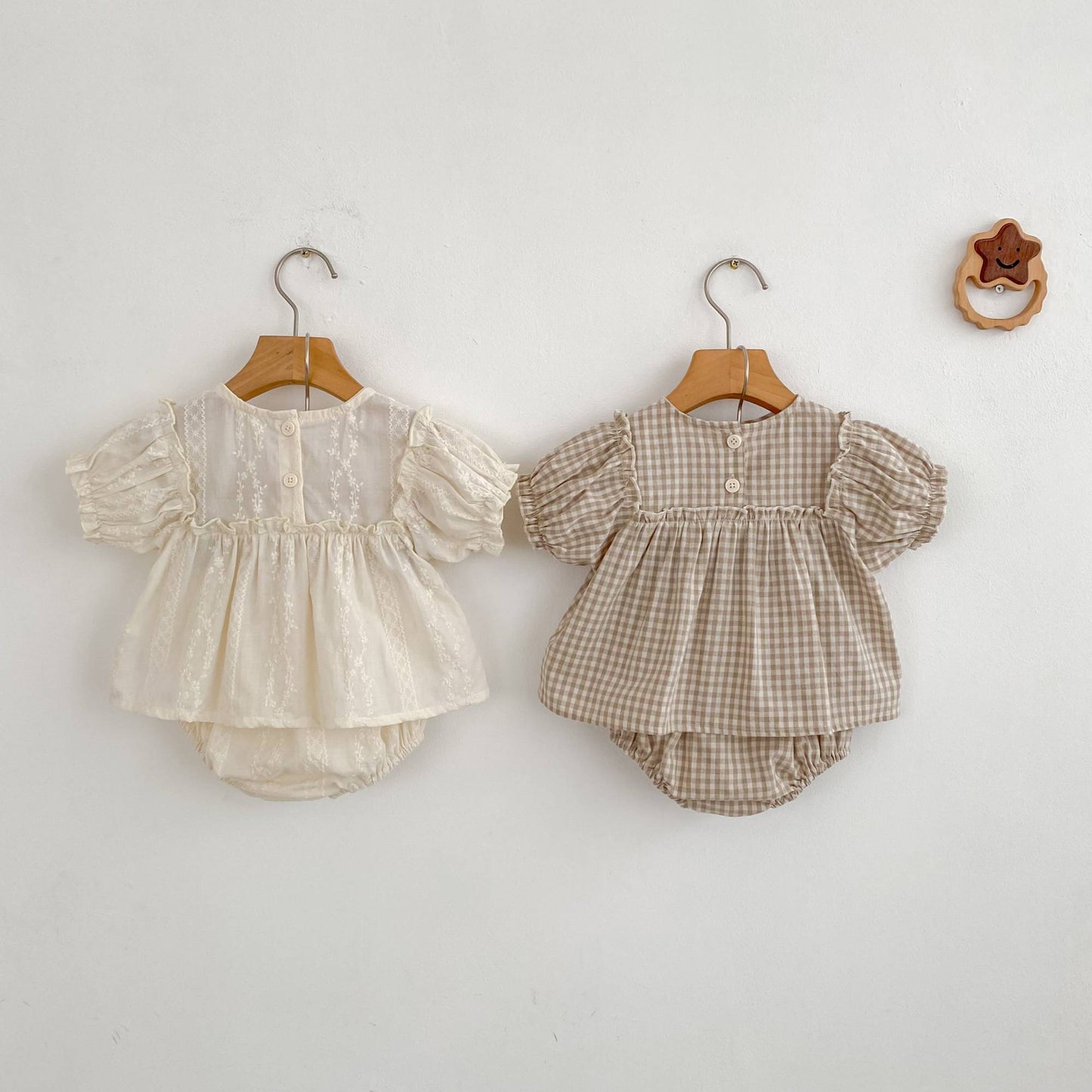 Girls Summer Fashion Set Children's Embroidered Grid Puff Sleeve Top+Shorts Two Piece Cute Baby Girls Clothes Set Baby Clothes