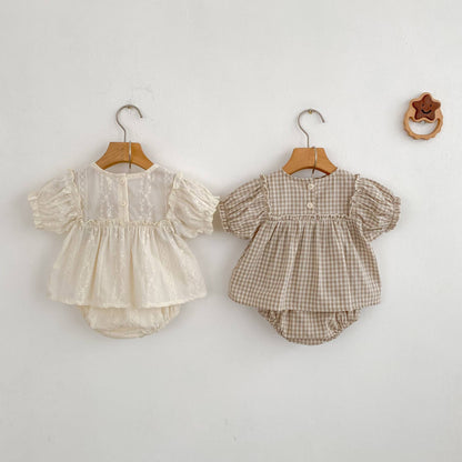 Girls Summer Fashion Set Children's Embroidered Grid Puff Sleeve Top+Shorts Two Piece Cute Baby Girls Clothes Set Baby Clothes