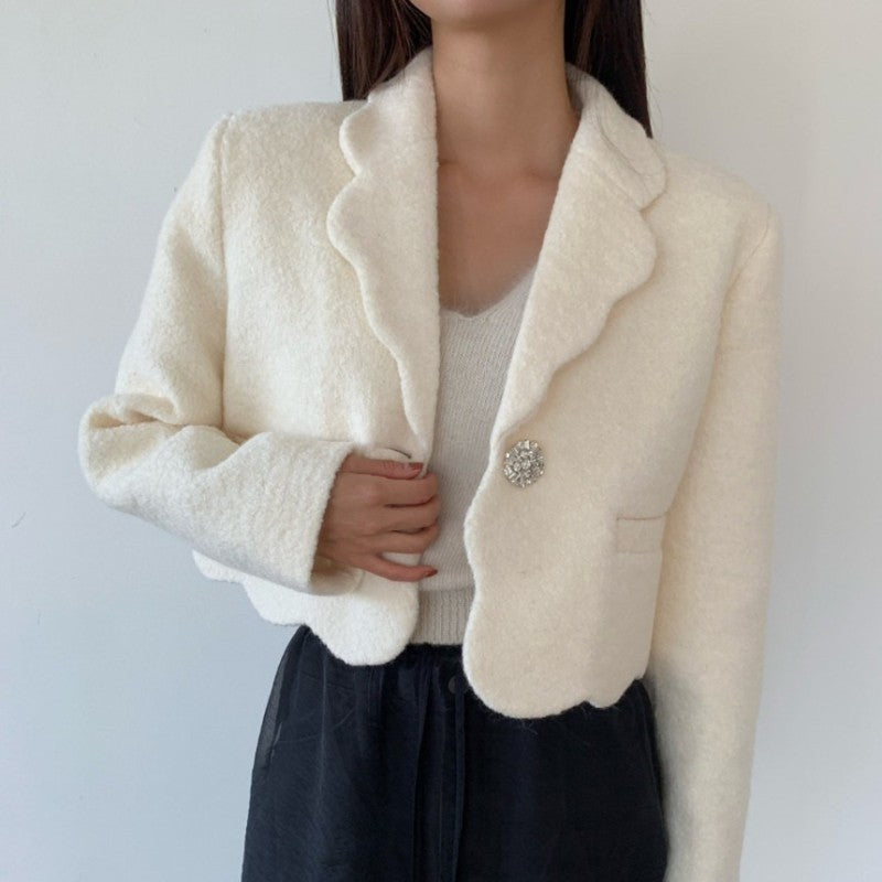 High-end Unique Button-down Woolen Cropped Coat Women Fall Winter Black White Jacket Vintage Design Long Sleeve Coats 2025