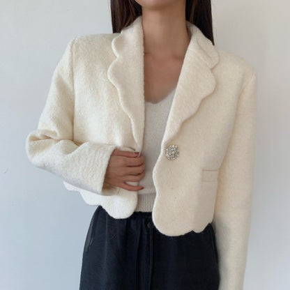 High-end Unique Button-down Woolen Cropped Coat Women Fall Winter Black White Jacket Vintage Design Long Sleeve Coats 2025
